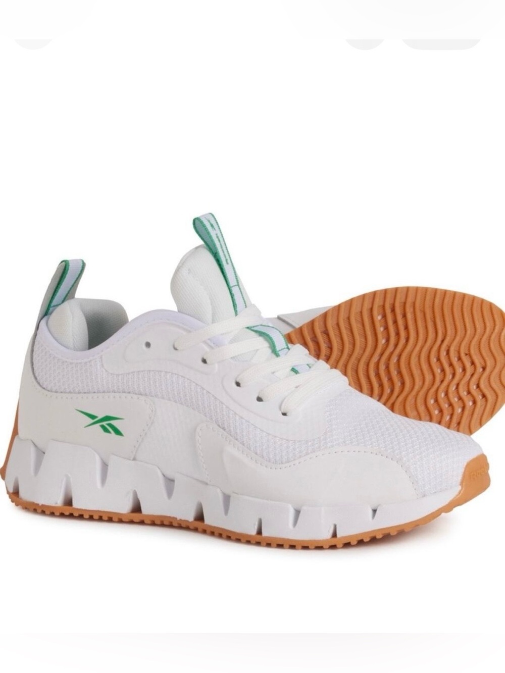 Reebok Women's White Sneakers with Green Logo and Gum Sole
